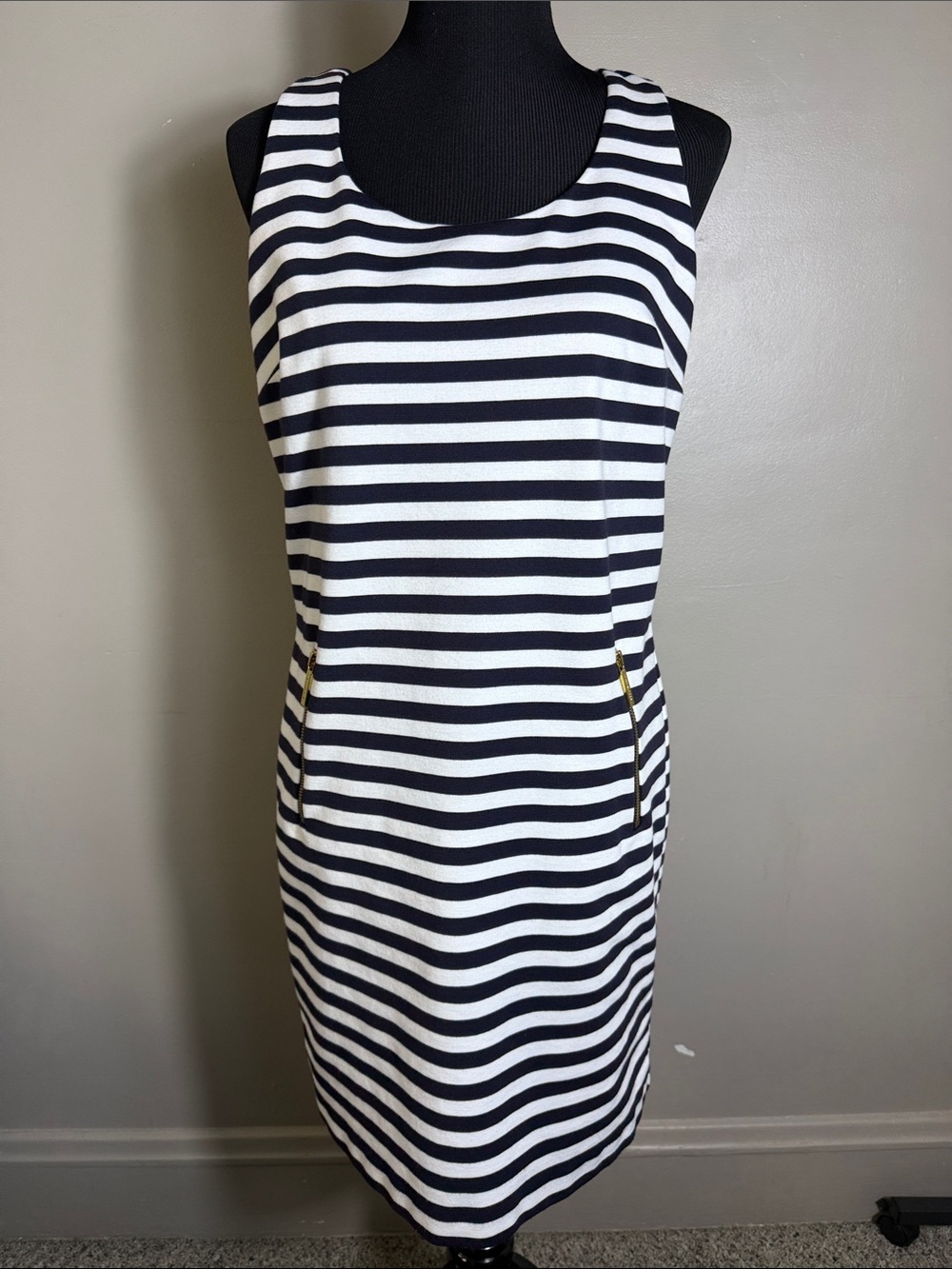 Michael Kors Navy and White Striped Sleeveless Sheath Dress Sz L with Pockets
